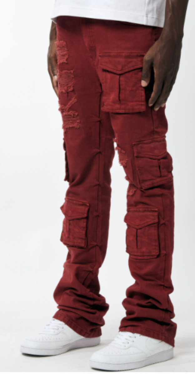Utility Cargo Stacked Twill Pants - Burgundy
