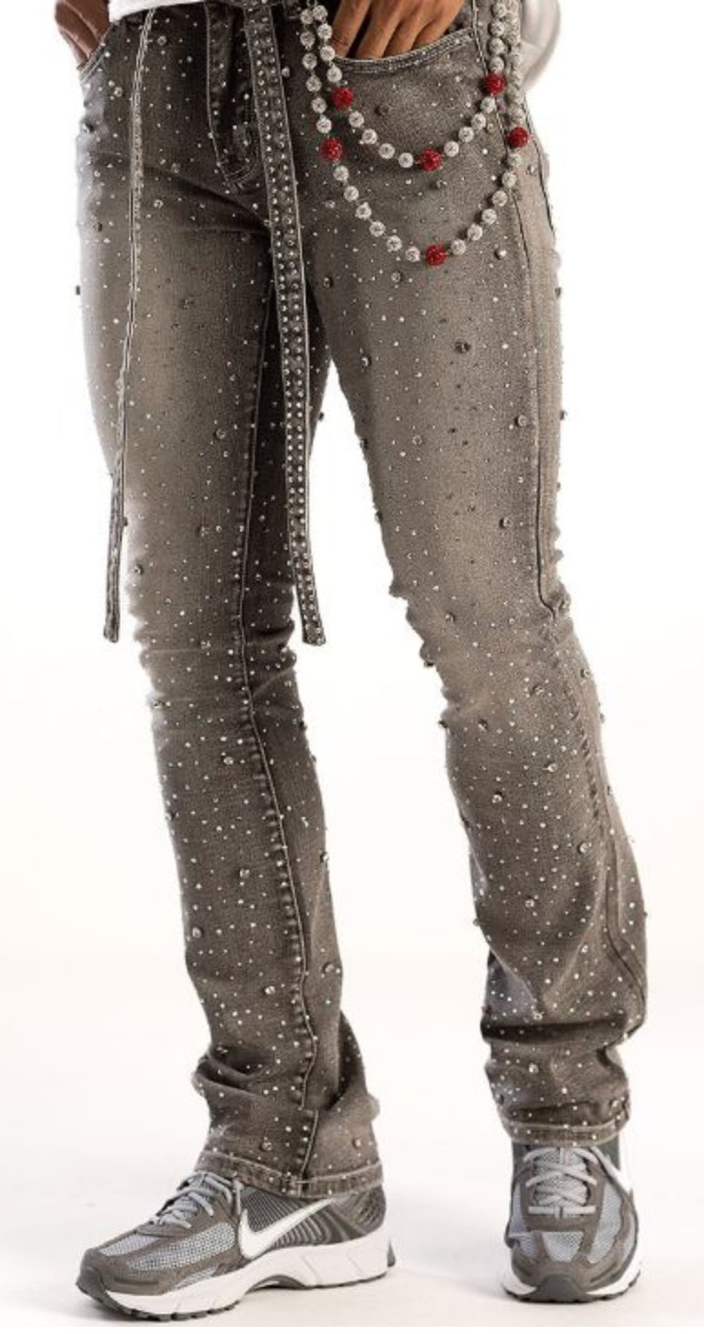 Premium Rhinestone Jeans - Grey