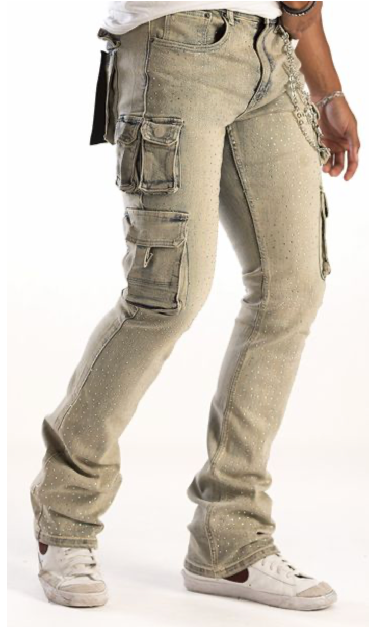 Stacked Cargo Jeans w/Rhinestone - Vintage Blue