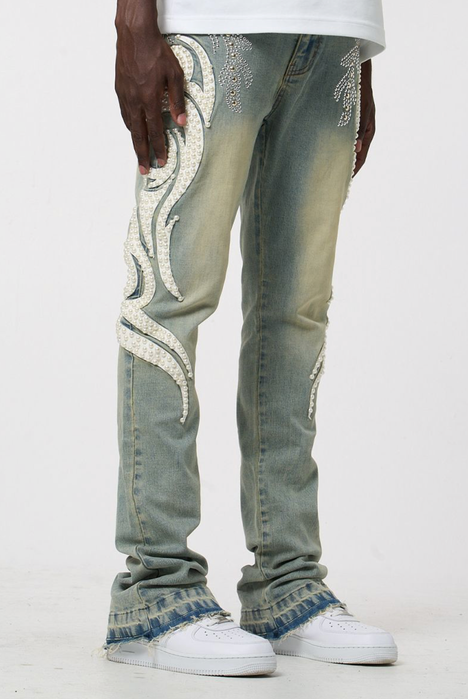 Stacked Jeans w/Rhinestone Design - Blue