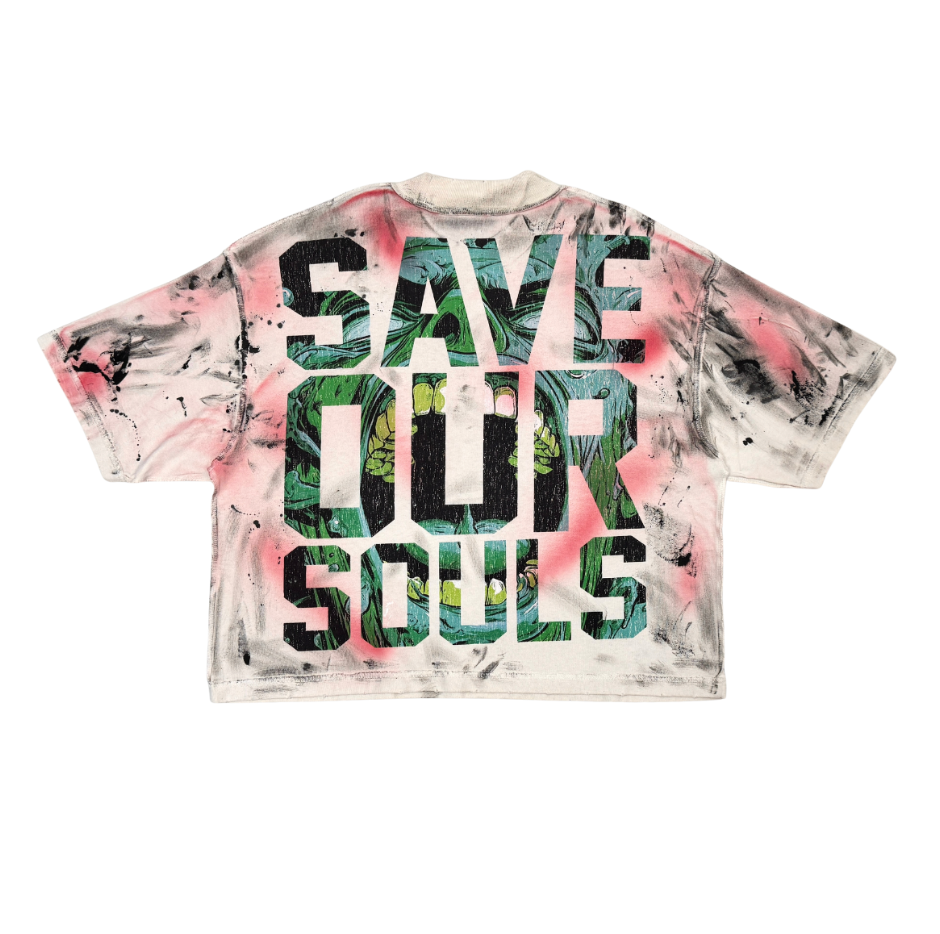 No Longer Human Rhinestone Cropped Tee - Pink/Green