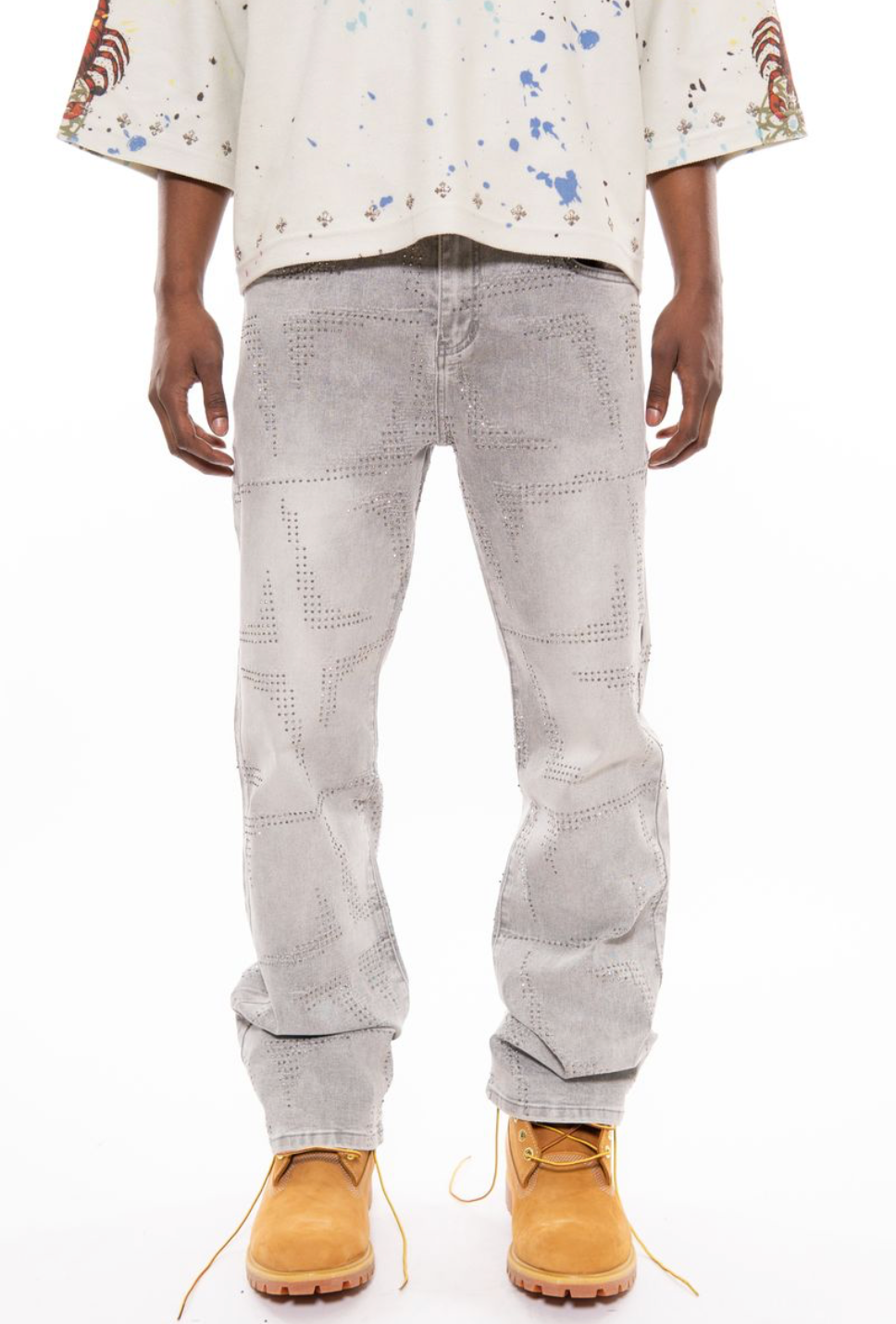Mini Rhinestone Stacked Jeans - Grey