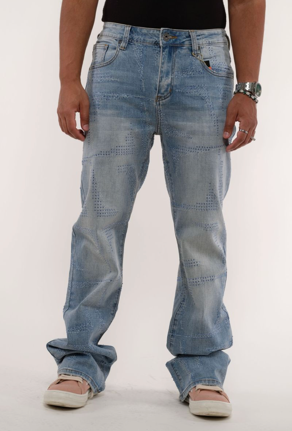 Mini Rhinestone Stacked Jeans - Blue