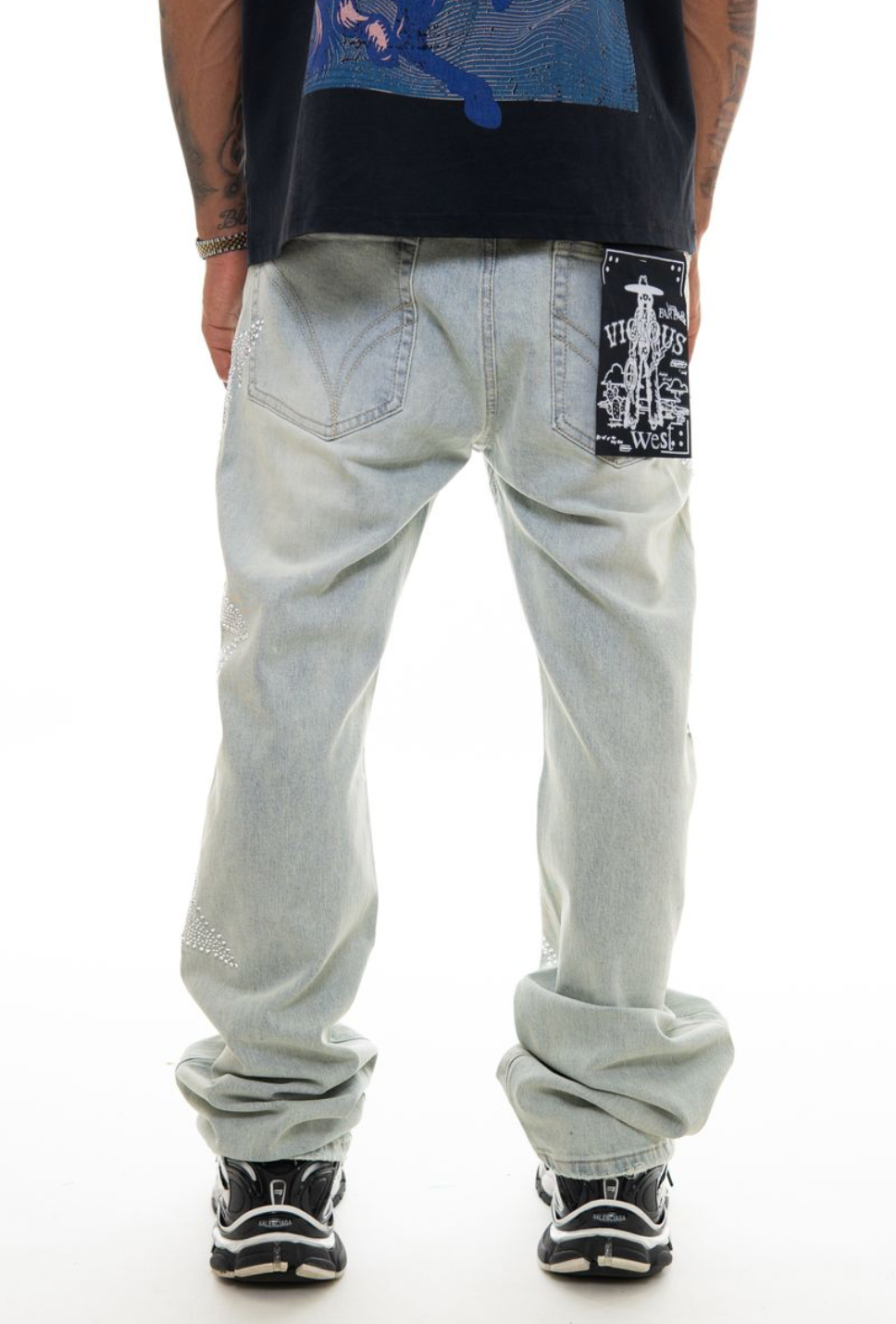 Star Mini Rhinestone Stacked Jeans - Blue