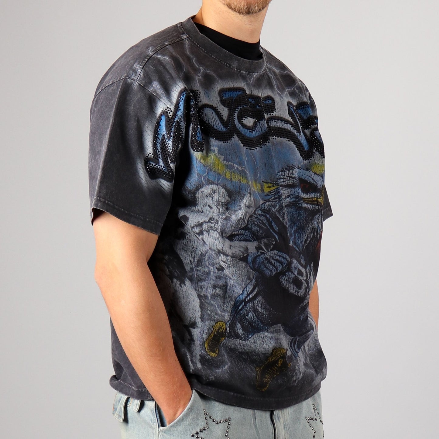 Garment Dyed Rhinestone Cropped Tee - Grey