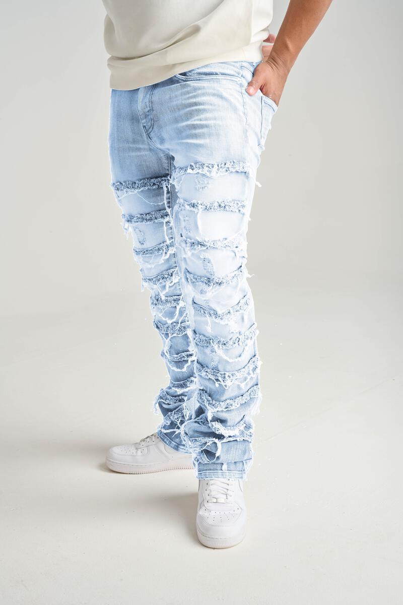 Stretch Stacked w Frayed Patch Jeans - Light Blue