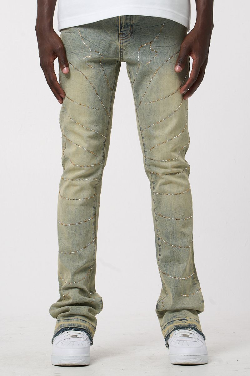Stacked Denim Rhinestone Detail Jeans - Blue