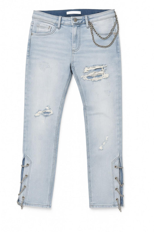Side Chain Stacked Fit Jeans - Light Blue
