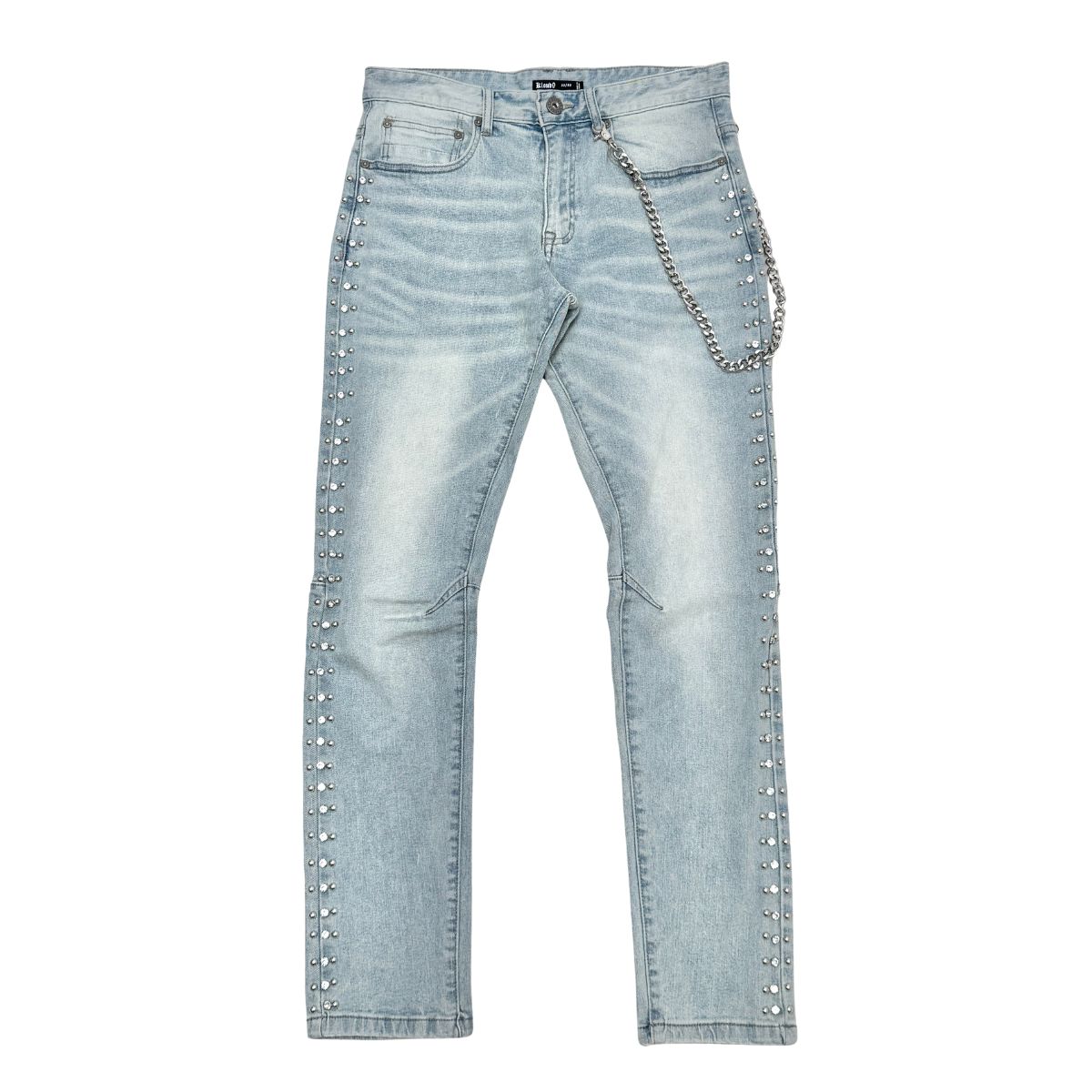 Side Rhinestone Denim Pants w Chain - Blue