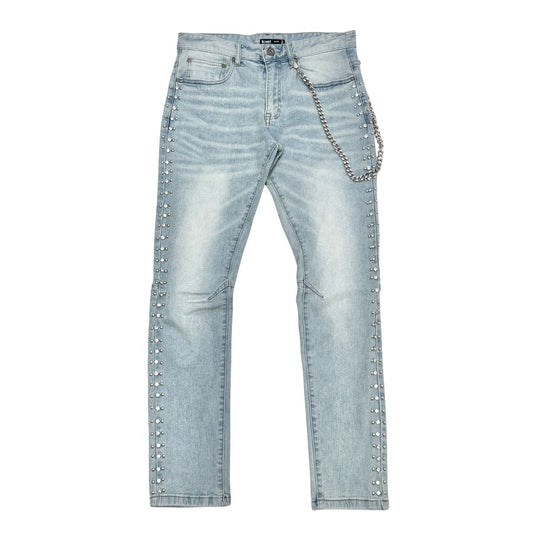 Side Rhinestone Denim Pants w Chain - Blue