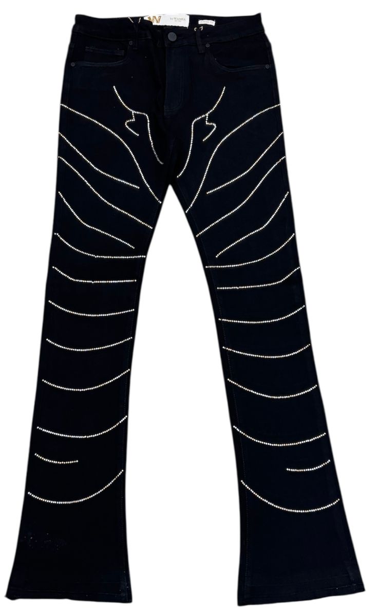 Stacked Denim Rhinestone Detail Jeans - Jet Black