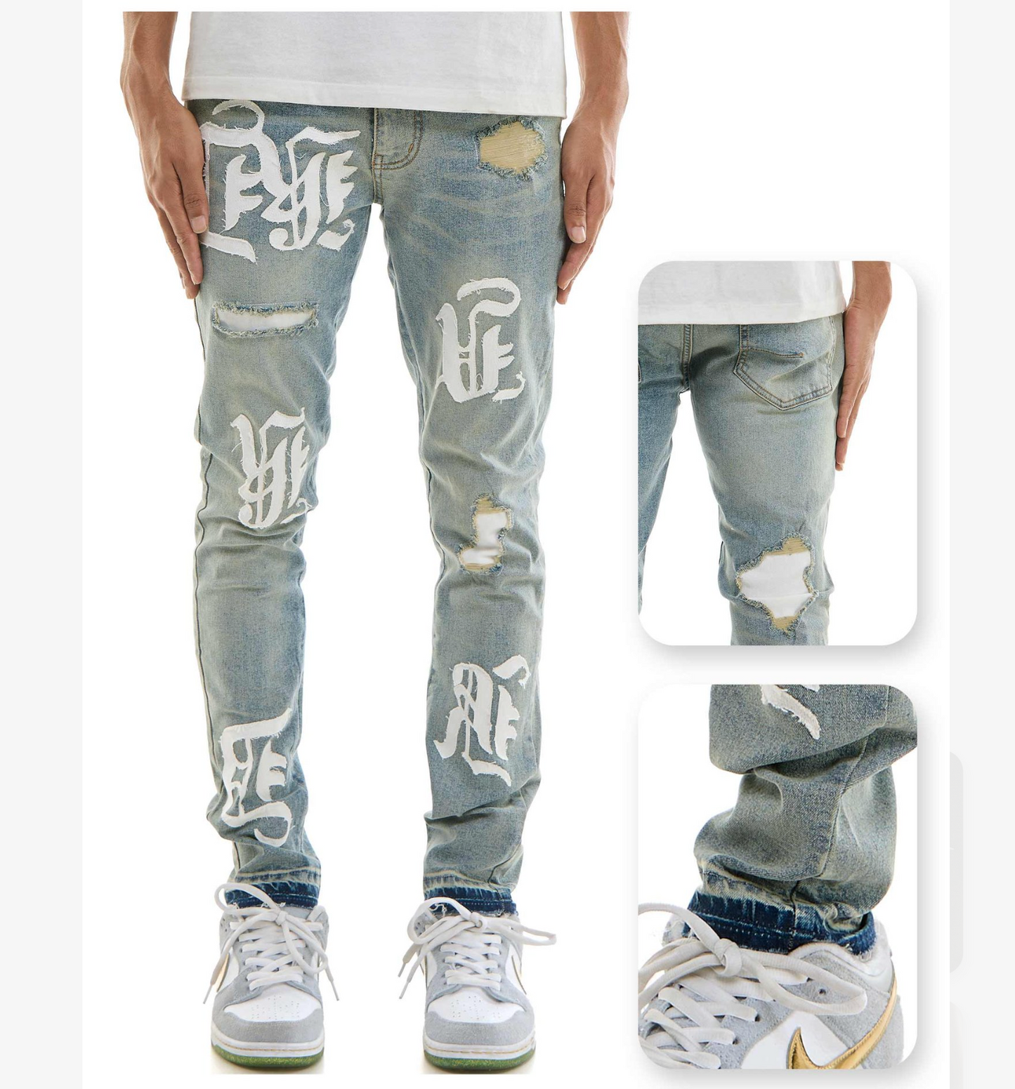 Patched Skinny Jeans Light Blue W/ White Letters