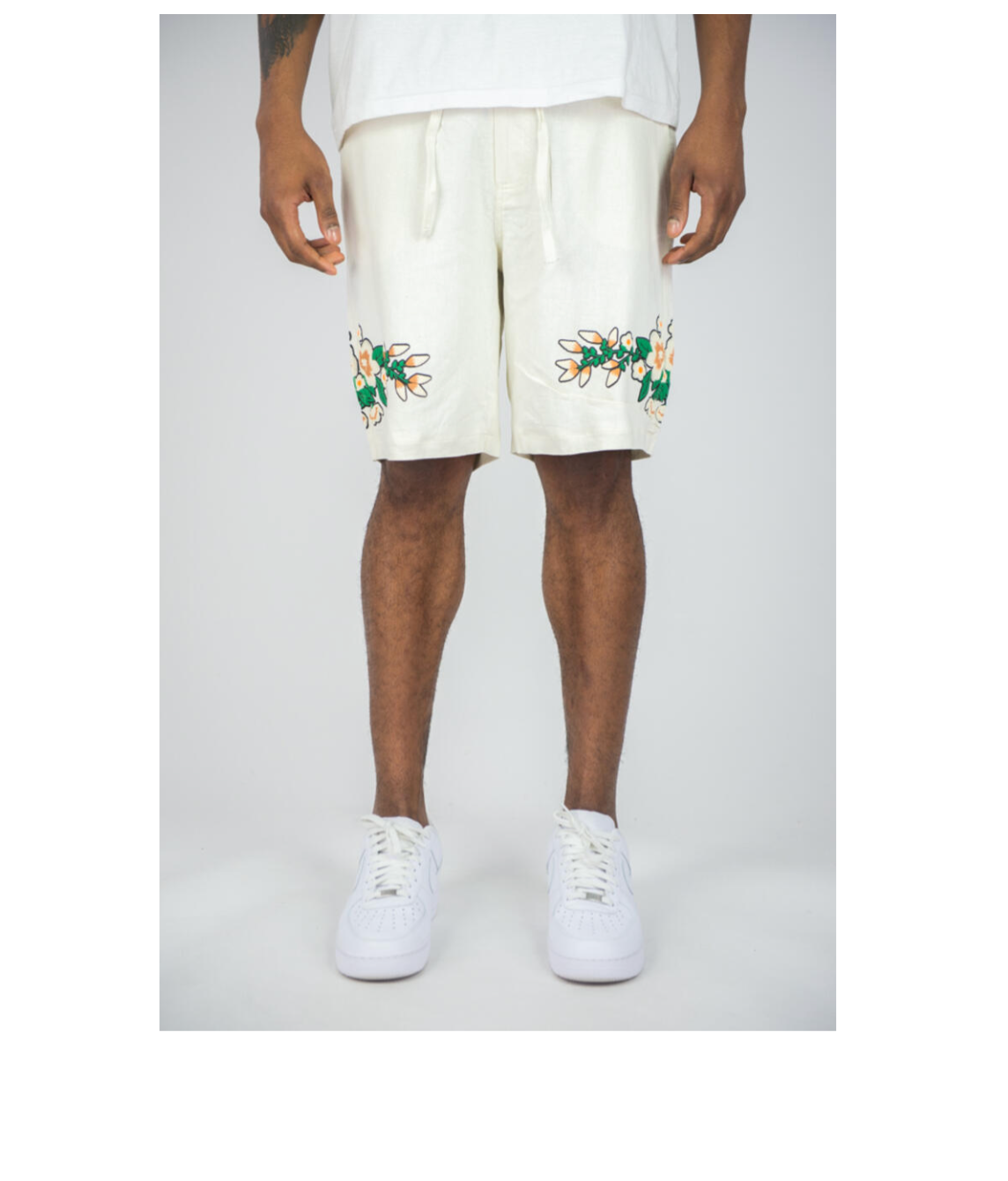341-924 Floral High Density Print Linen Shorts - Cream