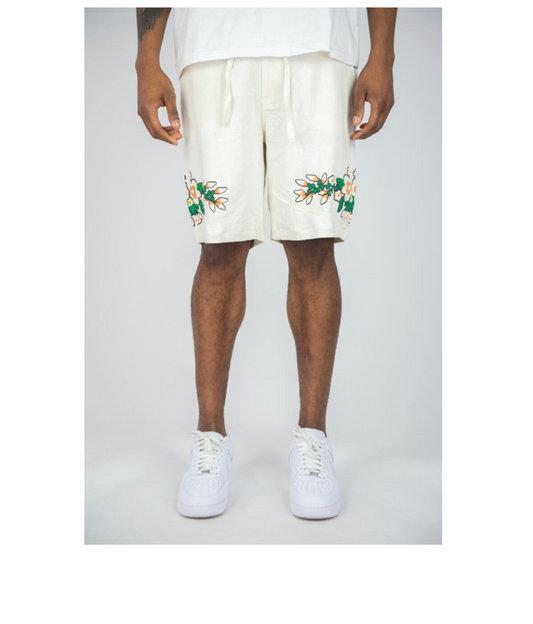 341-924 Floral High Density Print Linen Shorts - Cream