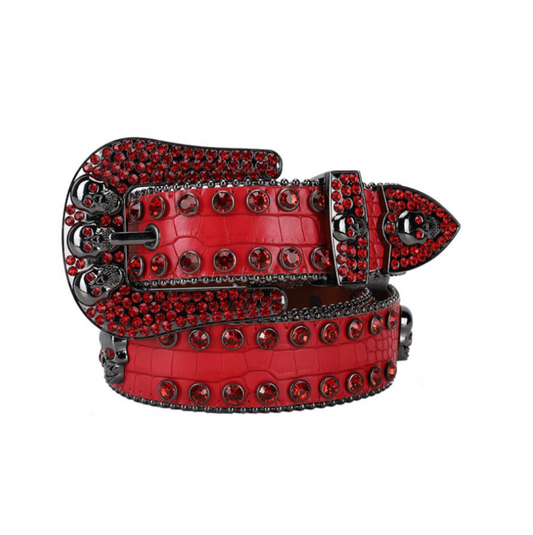 RRRB893 - Rhinestone Skulls Belt - Red/Red/Black