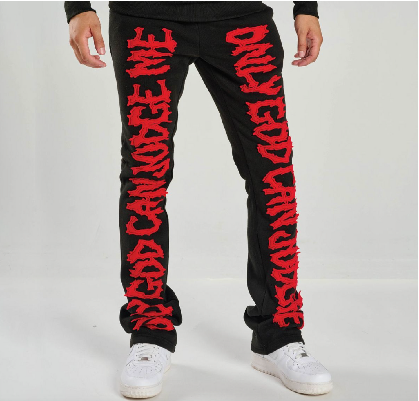 SF108, "Only God Can Only Judge Me" Stack Pants - Black/Red (SF108)