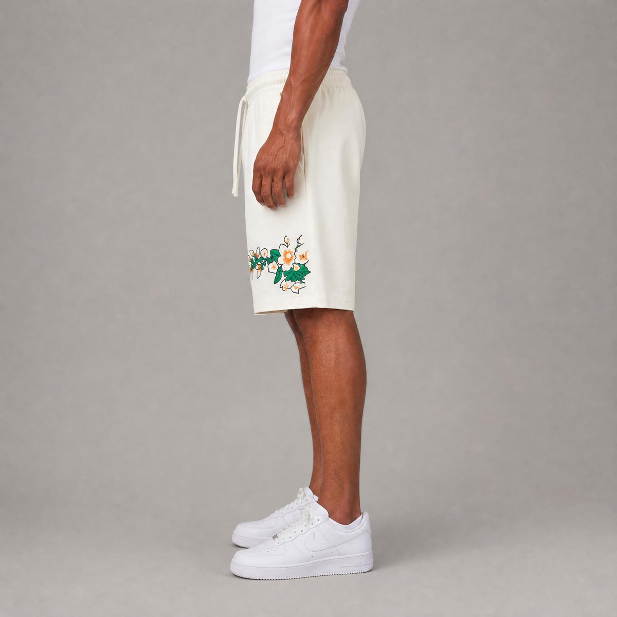 341-924 Floral High Density Print Linen Shorts - Cream