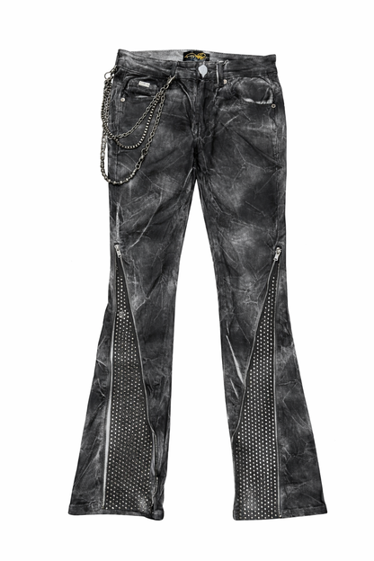 Stacked Zipper and Rhinestone Jeans - Cloud Black