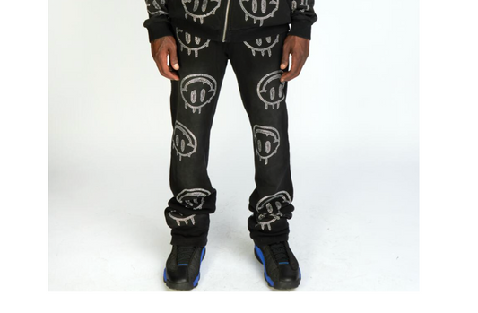 PLTX Black Acid Wash Rhinestone Sweatpants