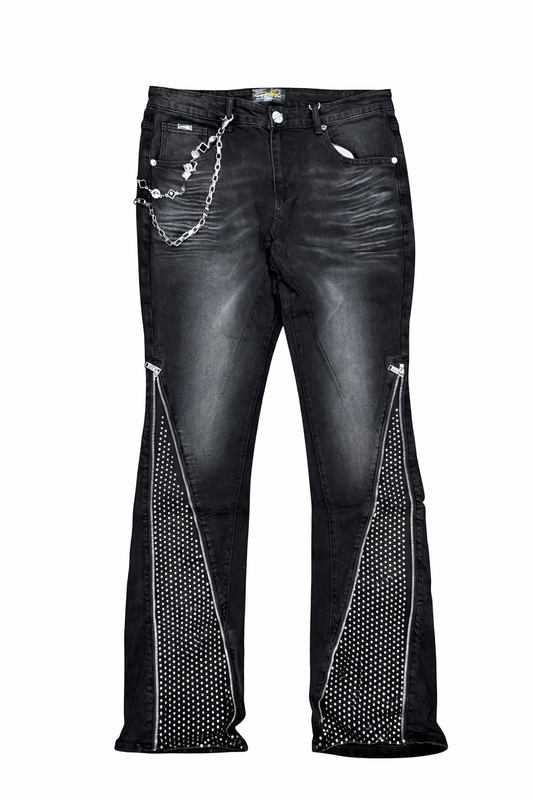 Stacked Zipper and Rhinestone Jeans - Black