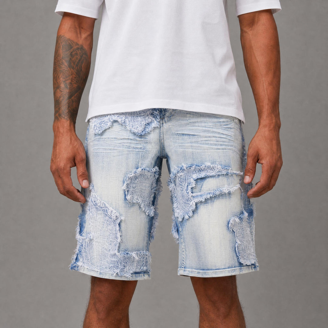 Burlap Patched Shorts- Light Blue
