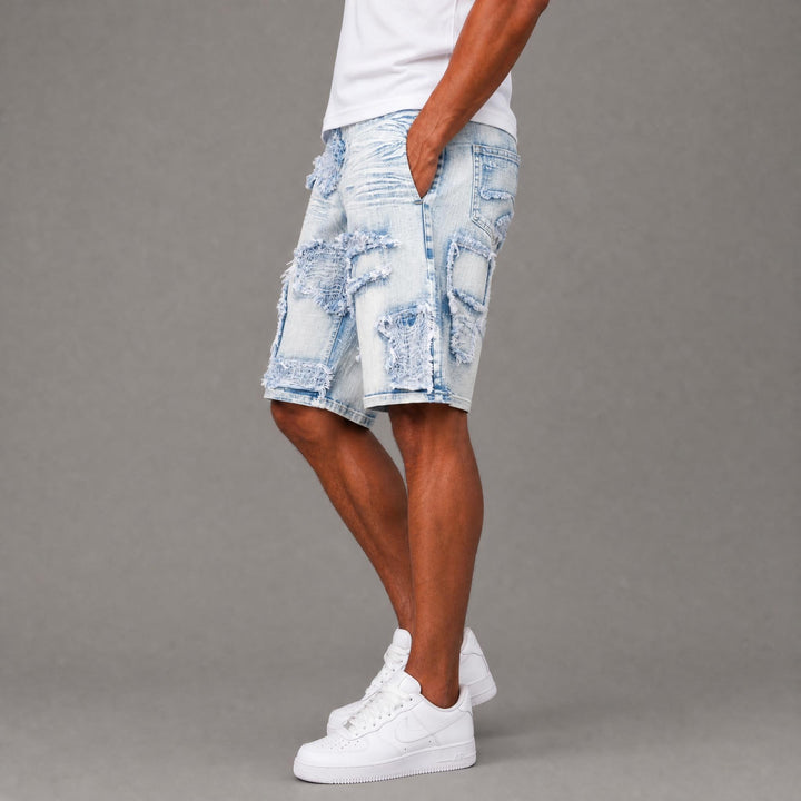 Burlap Patched Shorts- Light Blue