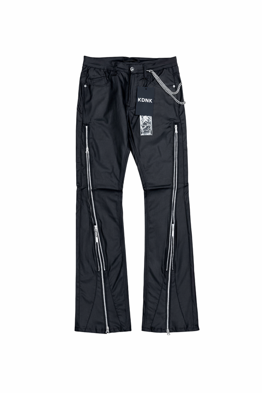 Double Zipper Waxed Stacked Fitted Jeans - Black