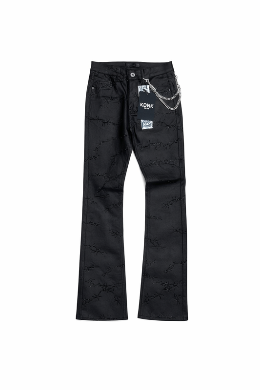 Barbed Wired Waxed Stacked Fitted Jeans - Black