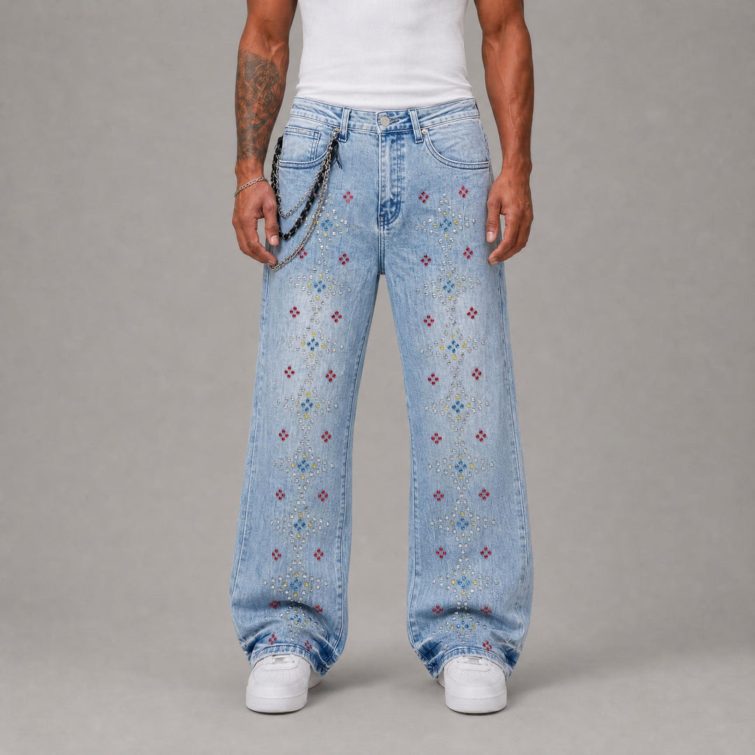 Embellished Rhinestone Jeans - Blue