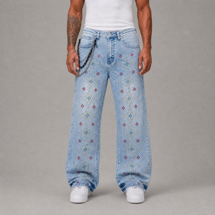 Embellished Rhinestone Jeans - Blue