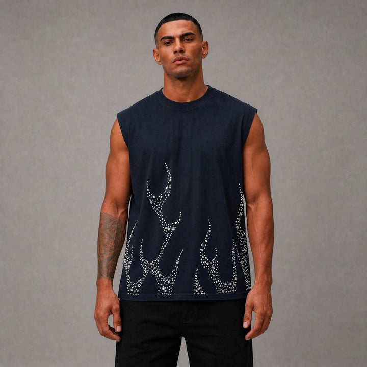 Flame Studded Muscle Tee - Black