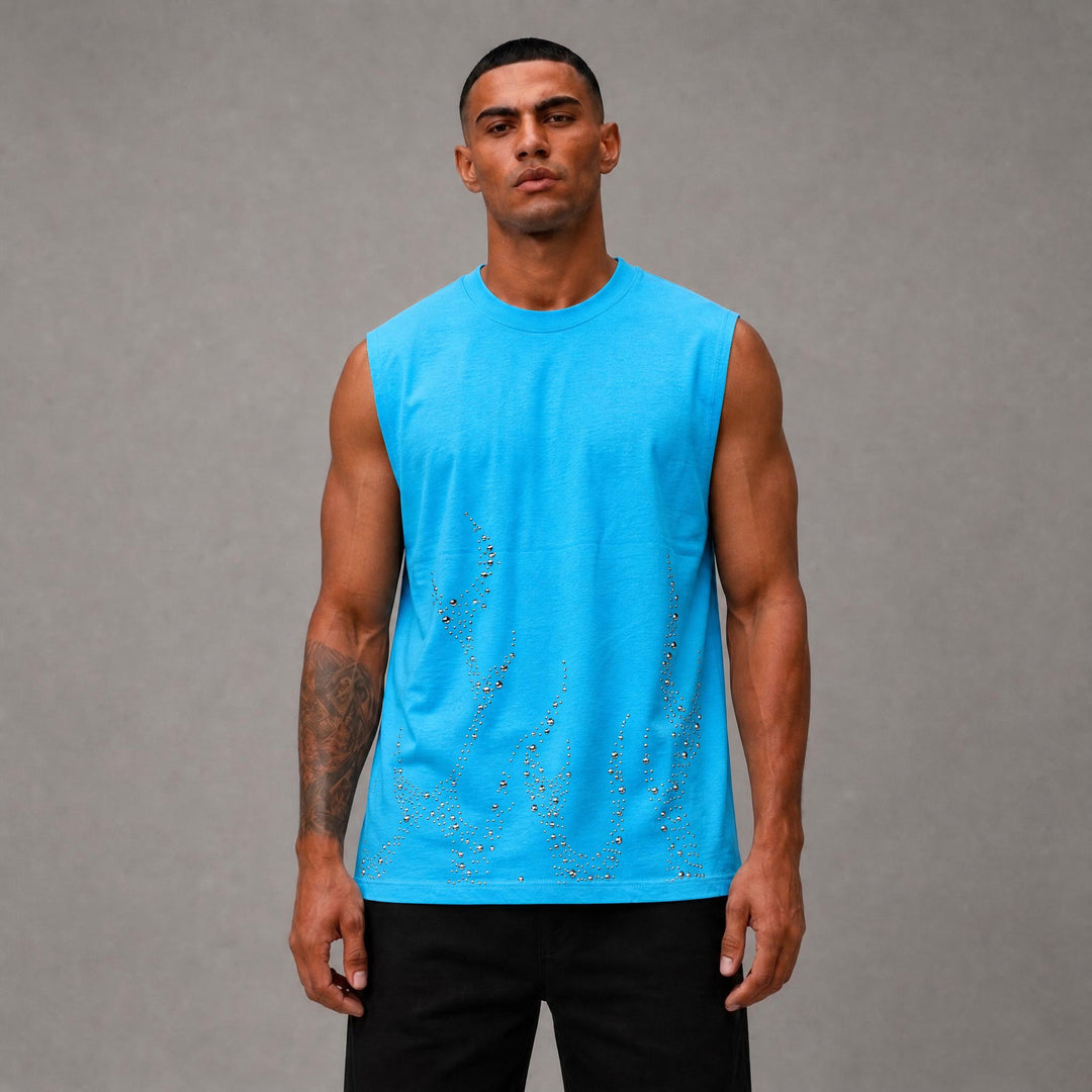 Flame Studded Muscle Tee - Blue