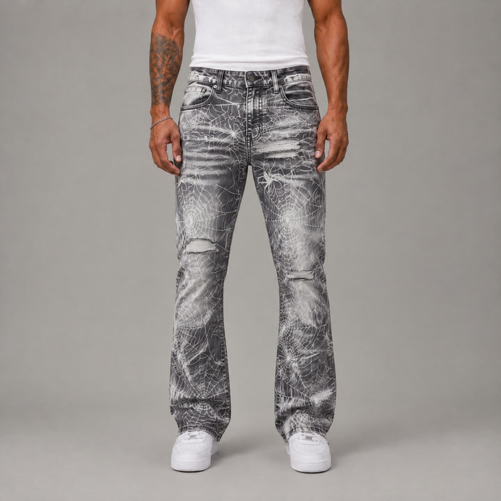 Flare Fit Rip and Repair Spider Web Jeans - Men&
