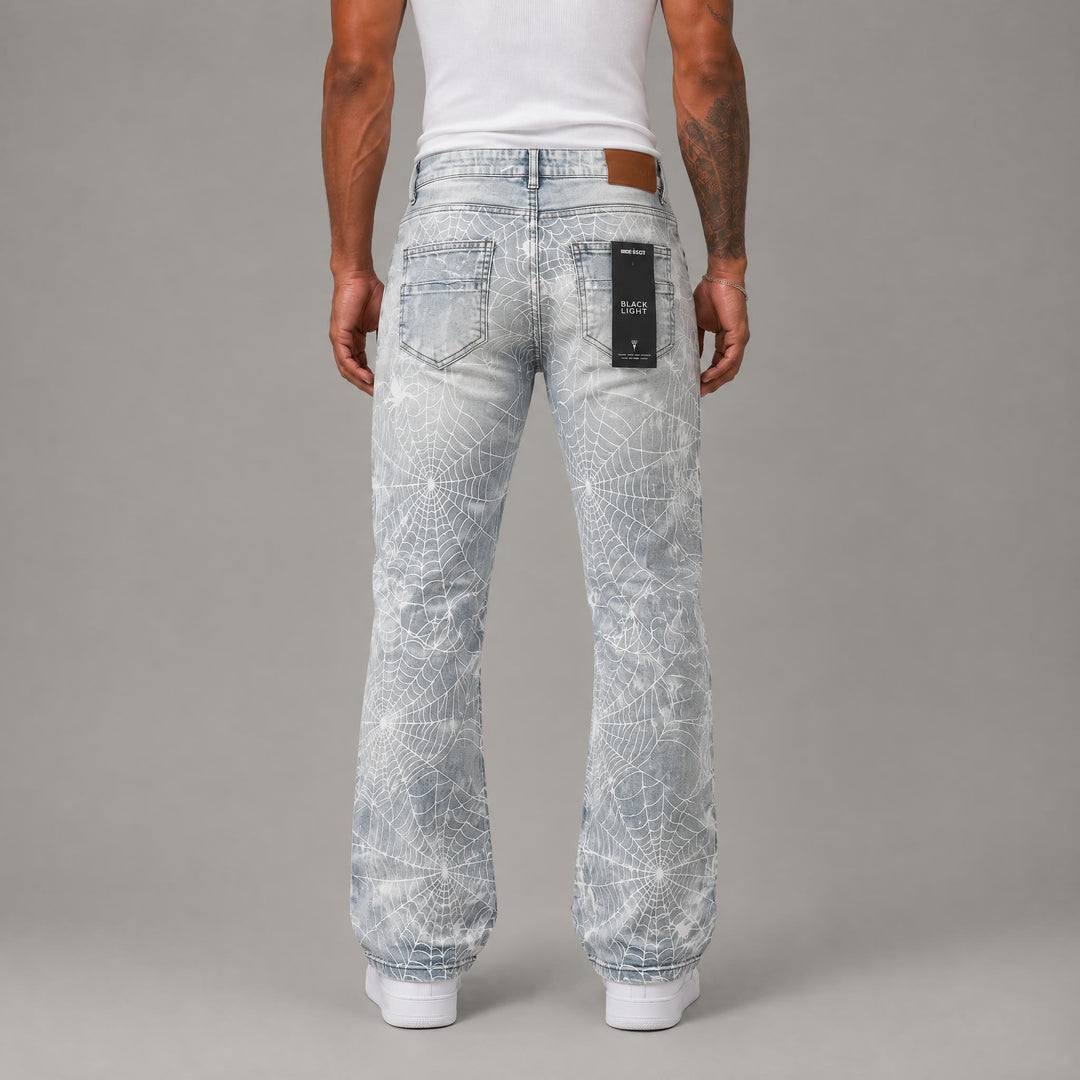 Flare Fit Rip and Repair Spider Web Jeans - Men&