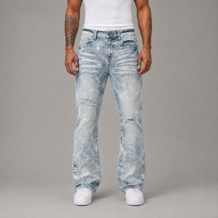 Flare Fit Rip and Repair Spider Web Jeans - Men&
