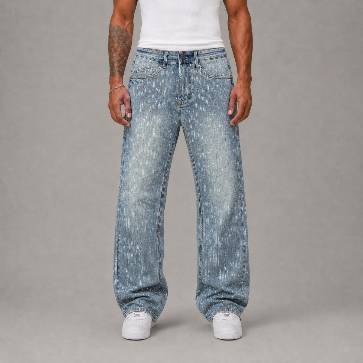 Full Rhinestone Stacked Jeans - Blue