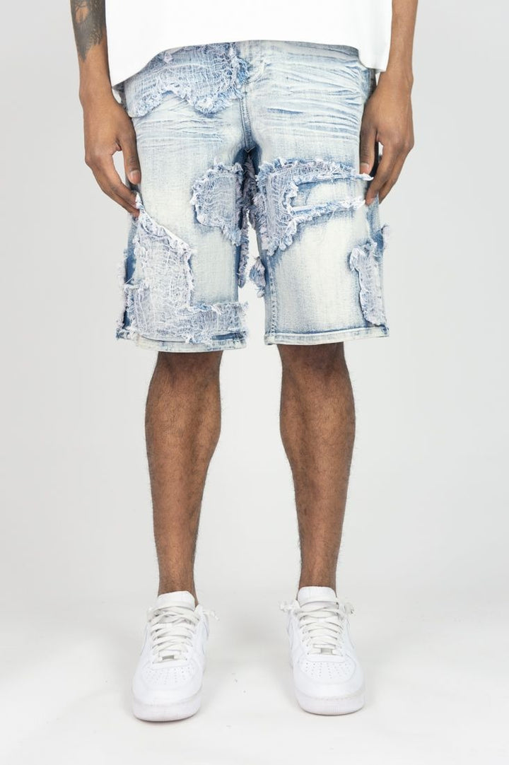 Burlap Patched Shorts- Light Blue