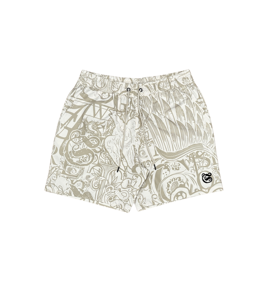 Graffiti Nylon Button Down Shorts - Cream