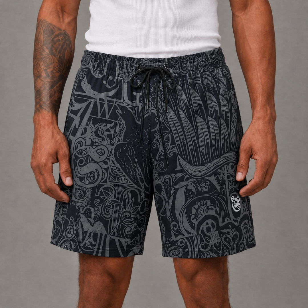 Graffiti Nylon Button Down Shorts - Black