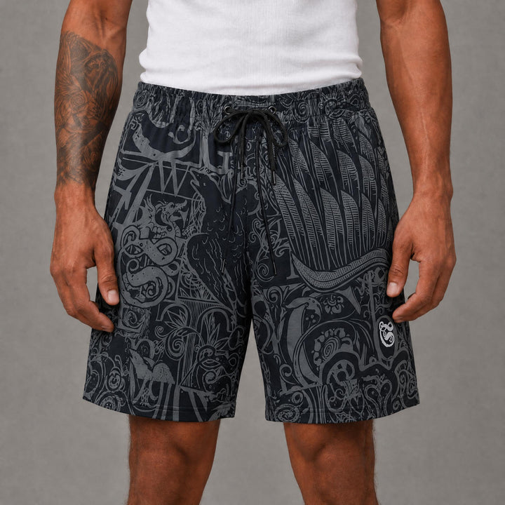 Graffiti Nylon Button Down Shorts - Black