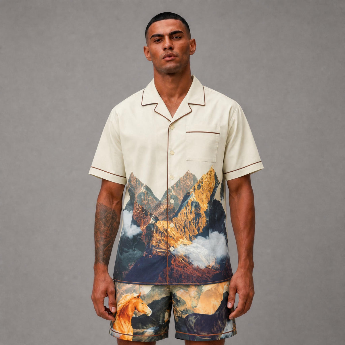 Heavy Matted Satin Printed Shirts - Khaki (341-731)