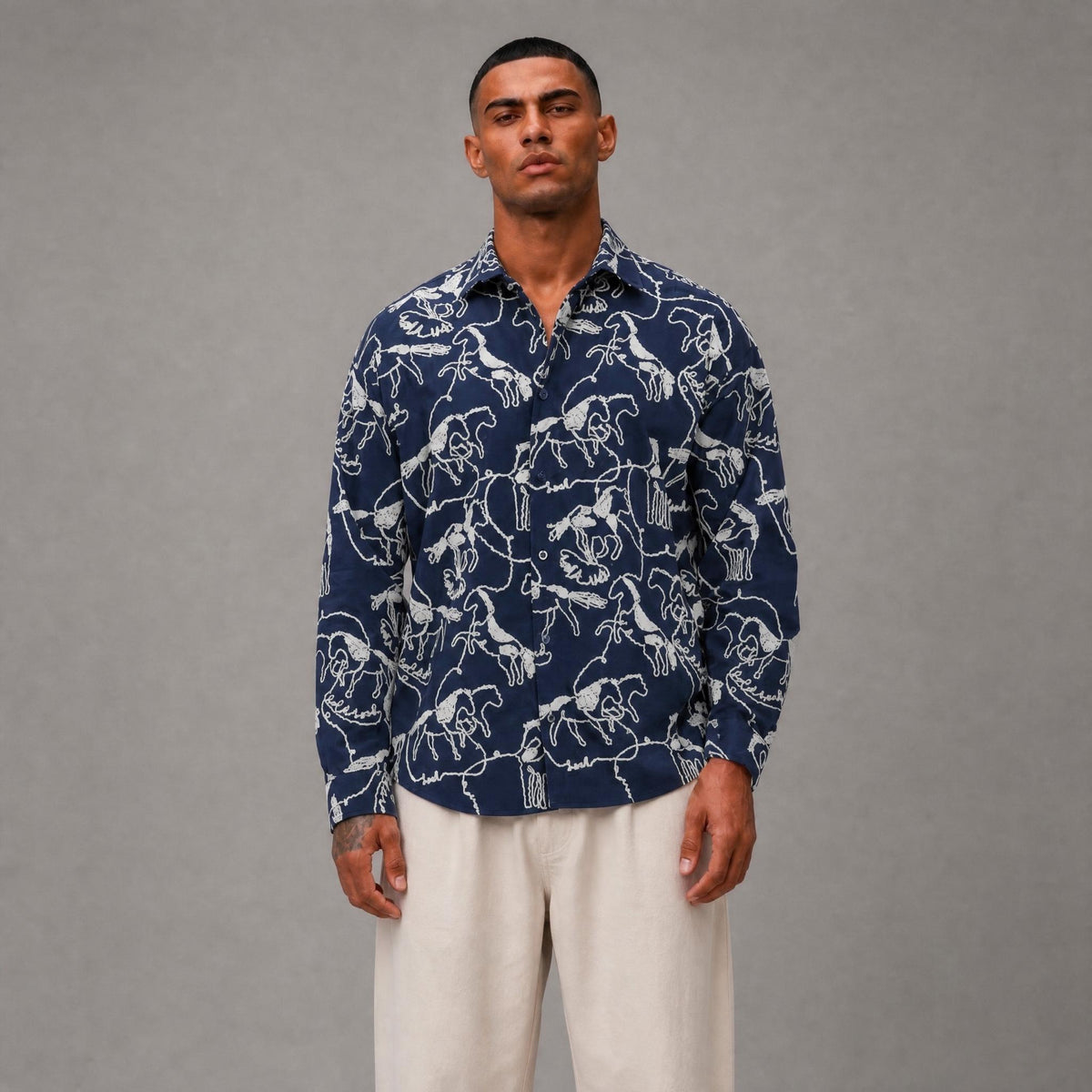Horses Button Down - Navy Blue