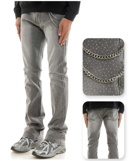 Waxed Rhinestone Denim Jeans - Grey
