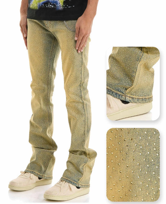 Waxed Rhinestone Denim Jeans - Timber Blue