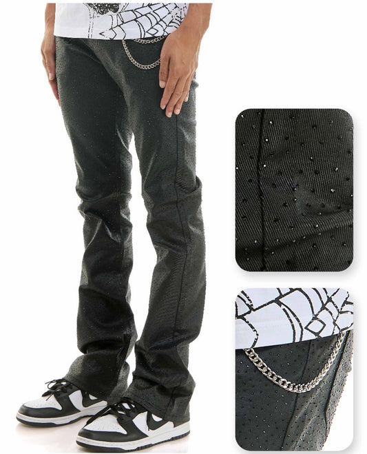 Waxed Rhinestone Denim Jeans - Black