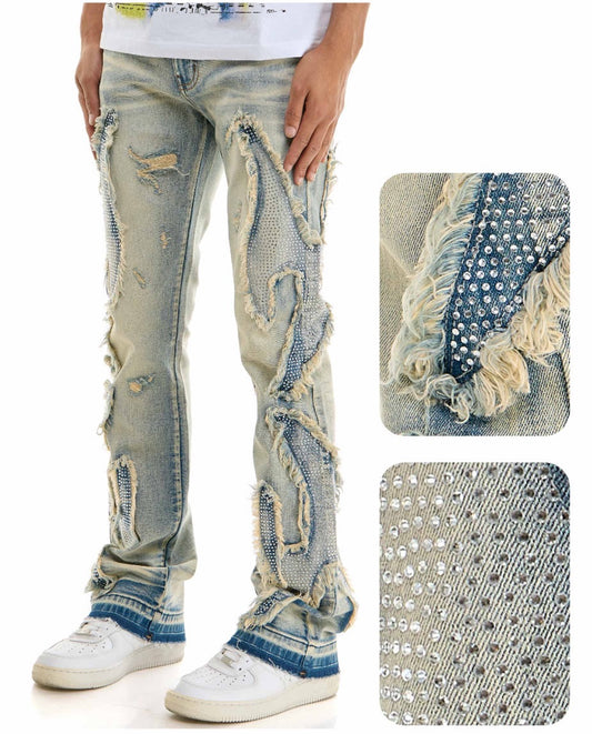 Tribal Rhinestone Denim Jeans - Blue