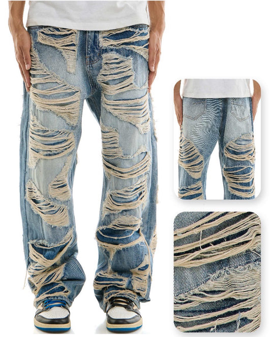 Cargo Distressed Baggy Jeans - Blue