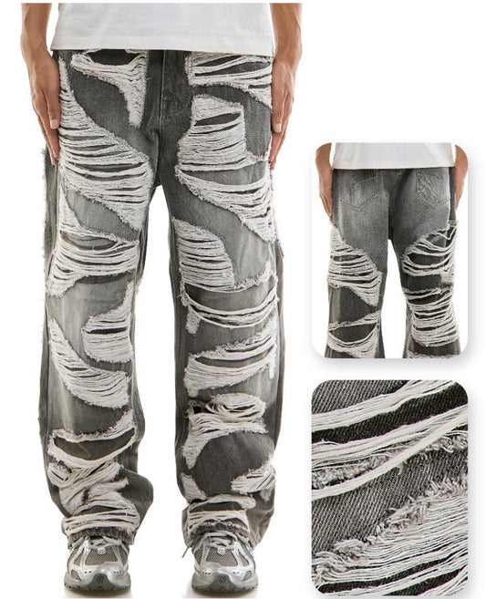 Cargo Distressed Baggy Jeans - Grey