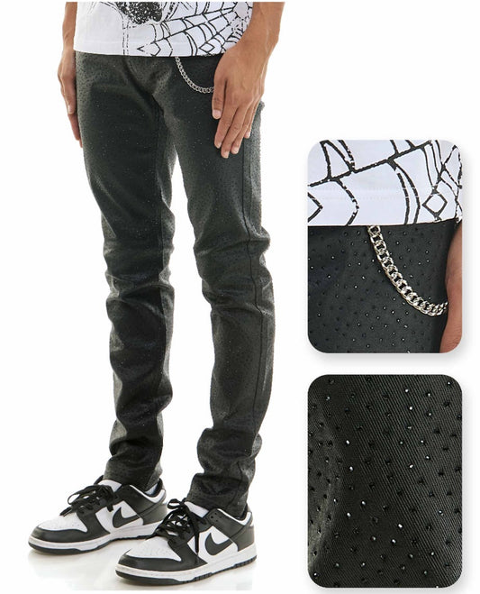 Waxed Rhinestone Skinny Denim Jeans - Black