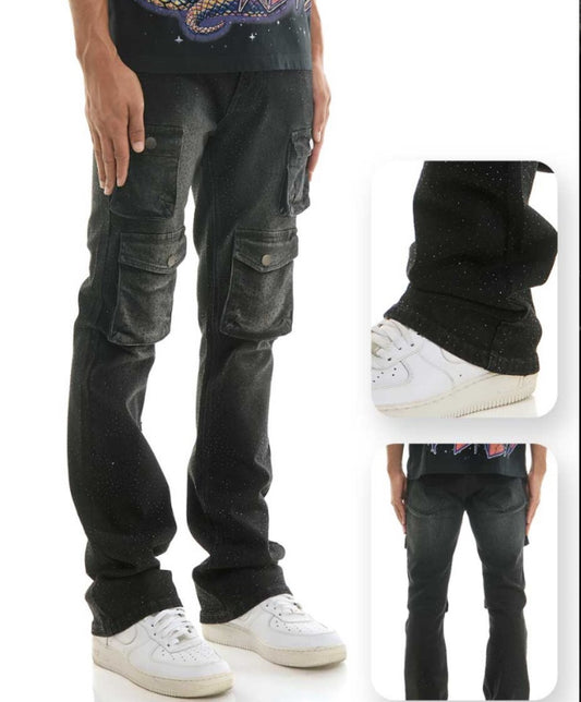Rhinestone & Cargo Stacked Pocket Jeans - Black